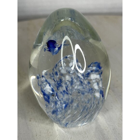 Handcrafted Glass Paperweight With Blue Fish & White Accents - Picture 10 of 11